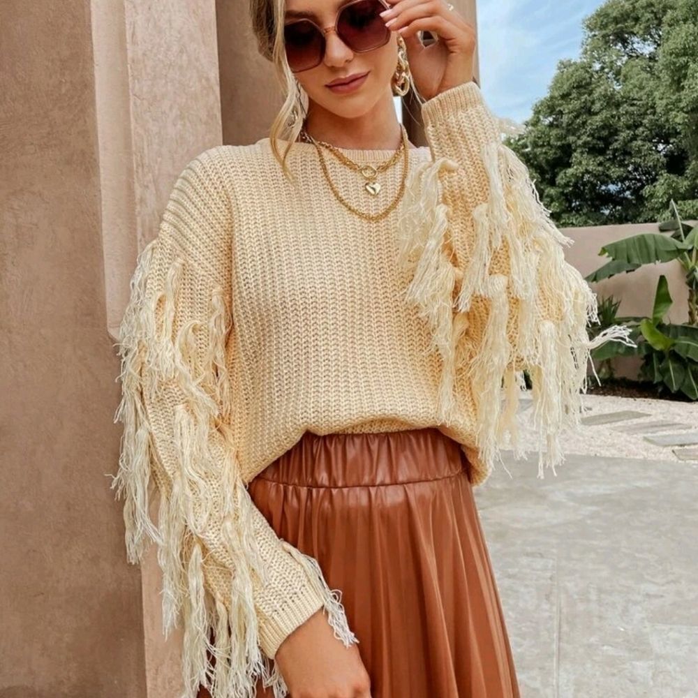 Simplee Fringe Drop Shoulder Sweater - Picture 1 of 7